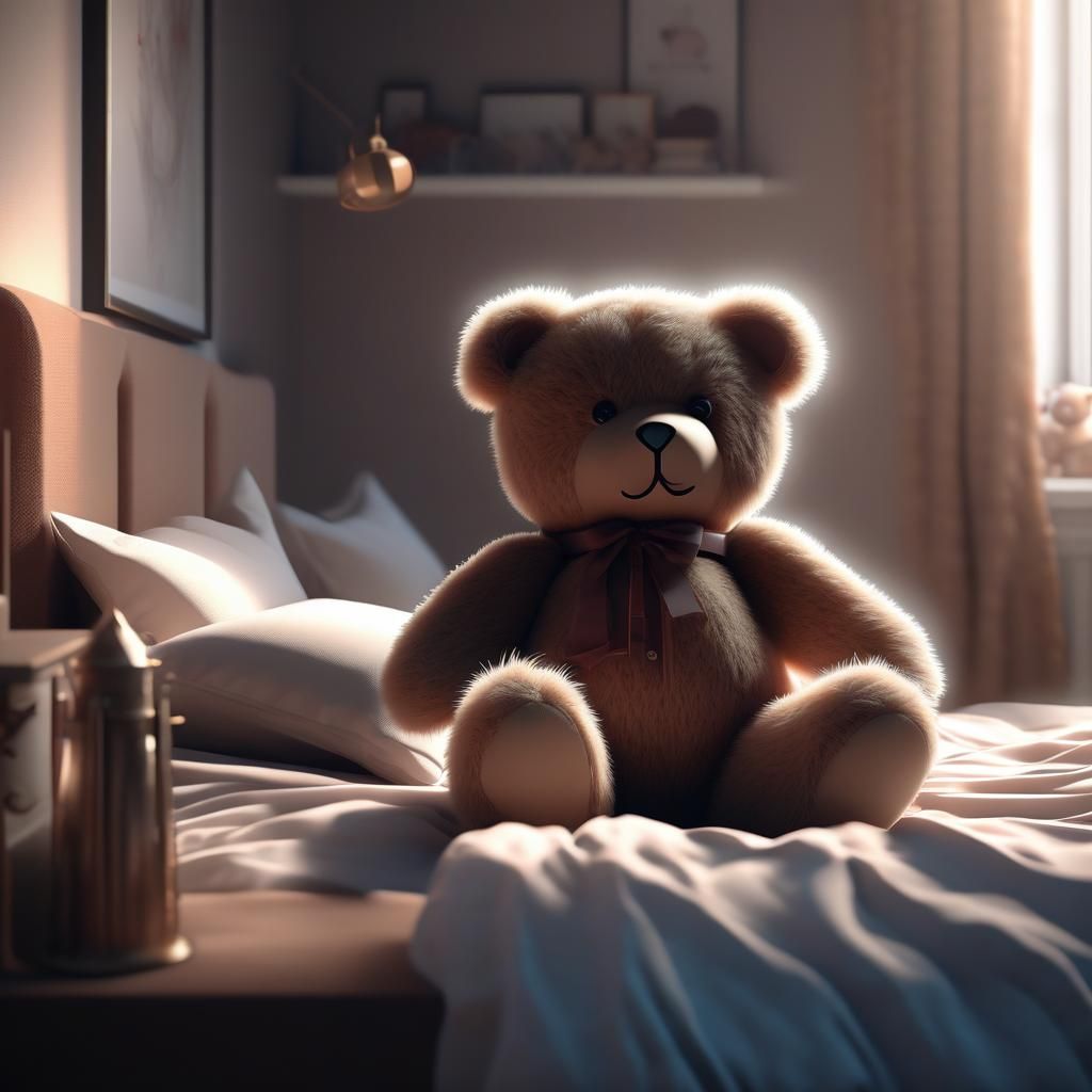 Fluffy Teddy Bear on Bed: Digital Illustration