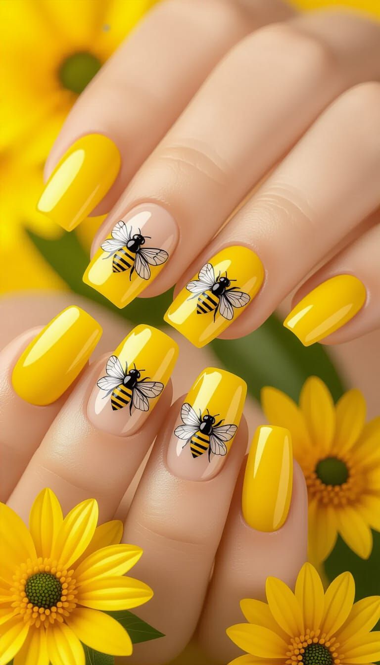 Summer Bee Nail Art on Square Acrylics in 3D