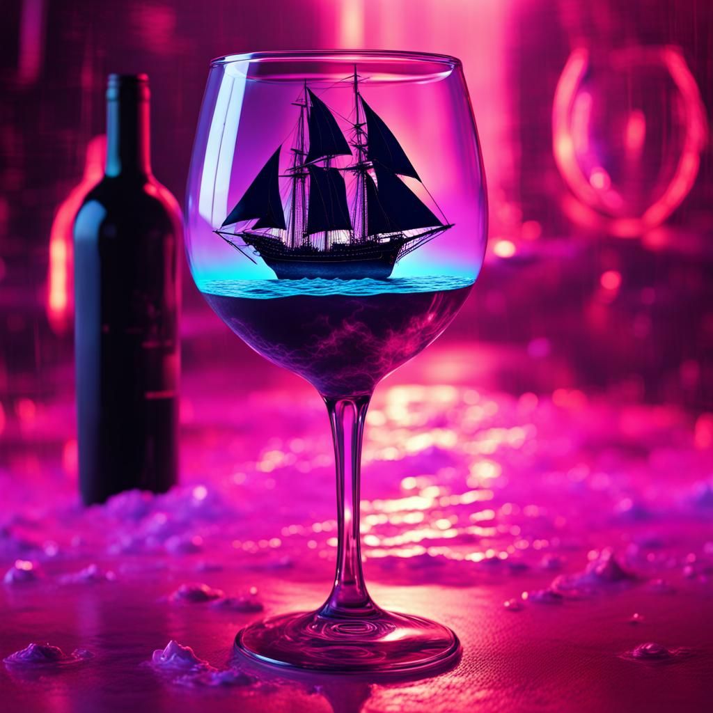 Sailing Ship in Wine Glass: Cyberpunk Neon Fantasy