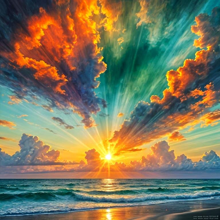 Vibrant Sunset Over Ocean in Gouache Style