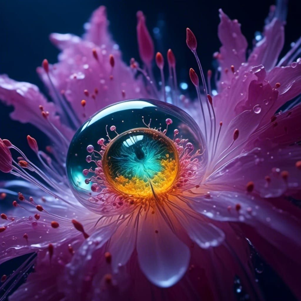 Miniature World Inside Flower Reflected in Water Drop