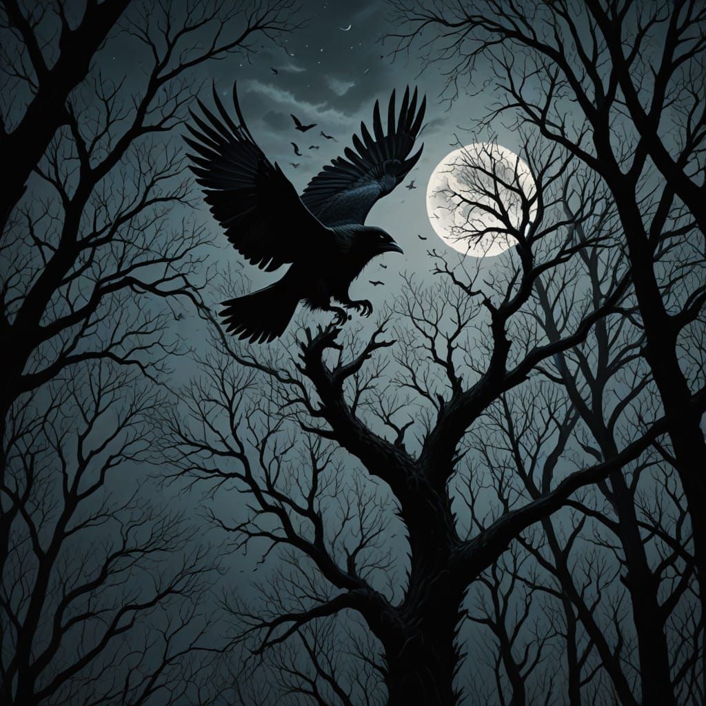 Majestic Dark Bird Soars Over Forest: Gothic Oil Painting