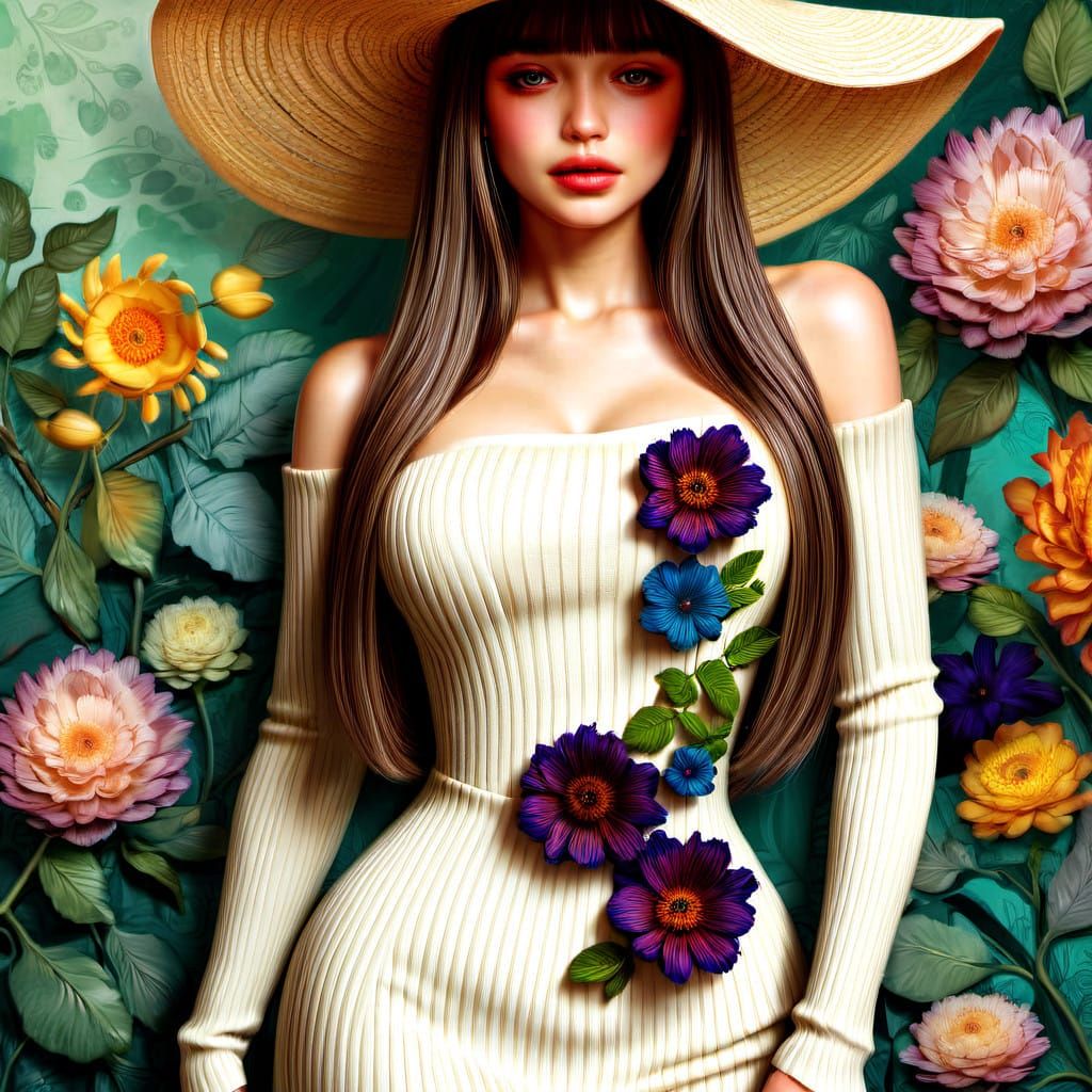 Elegant Woman in Floral Hat and Lace Sundress