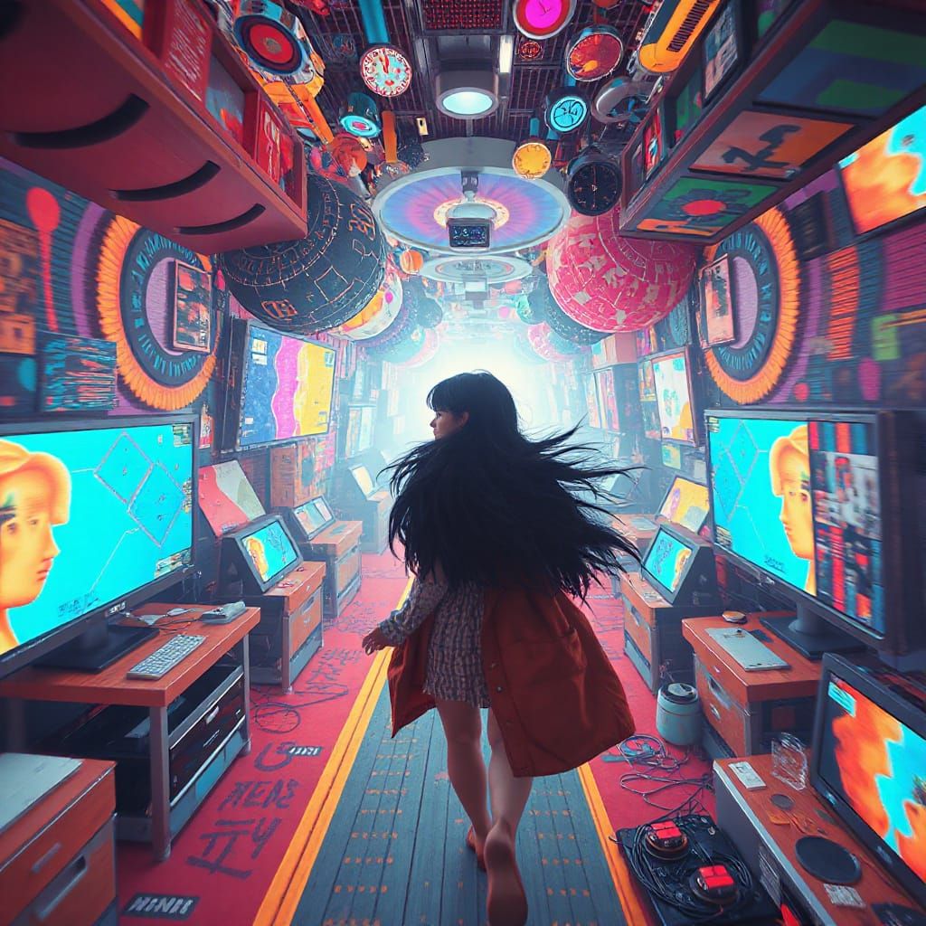 Woman Navigating Eclectic Atmosphere in Digital Painting Sty...