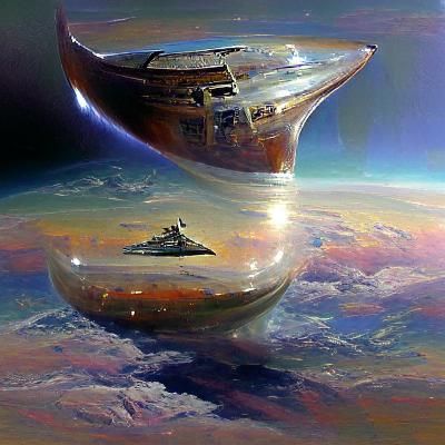 Spaceship in Flight: Oil Painting Style