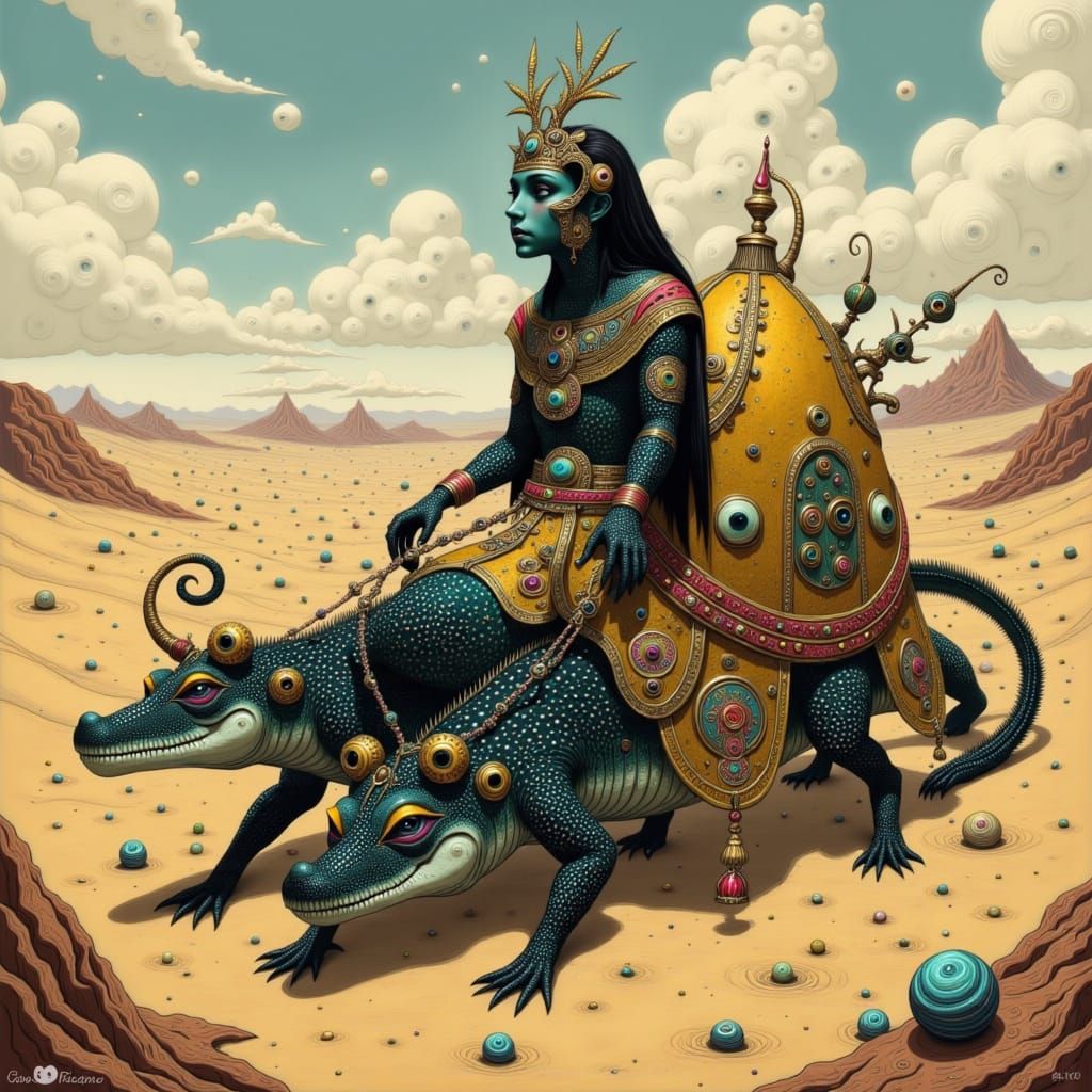 Majestic Akhekh Pulls Chariot Across Desert Dunes