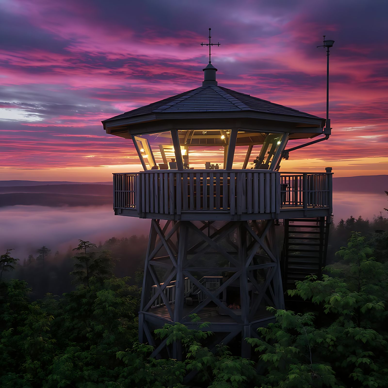 Forest Fire Lookout Tower at Sunrise