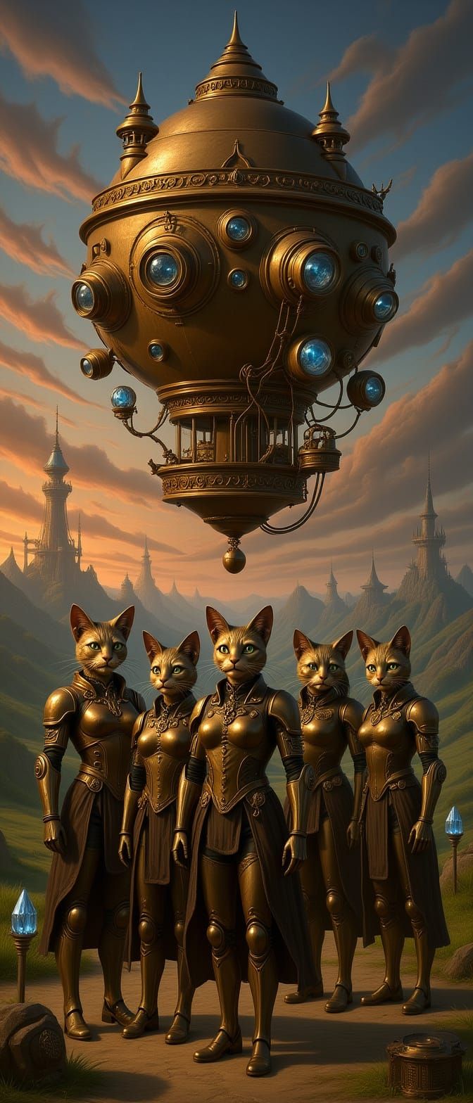 Steampunk Cyborg Cat Goddesses on Airship Expedition