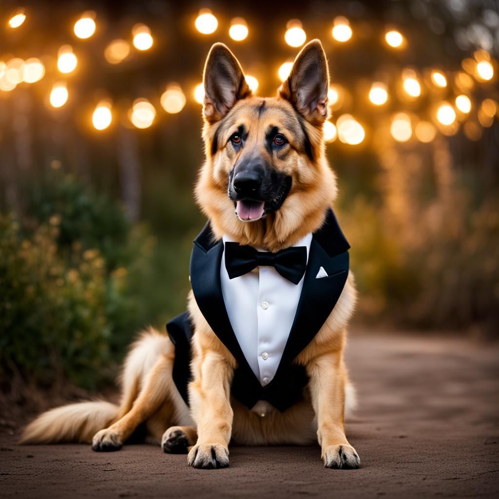 Golden German Shepherd in Tuxedo at Dawn