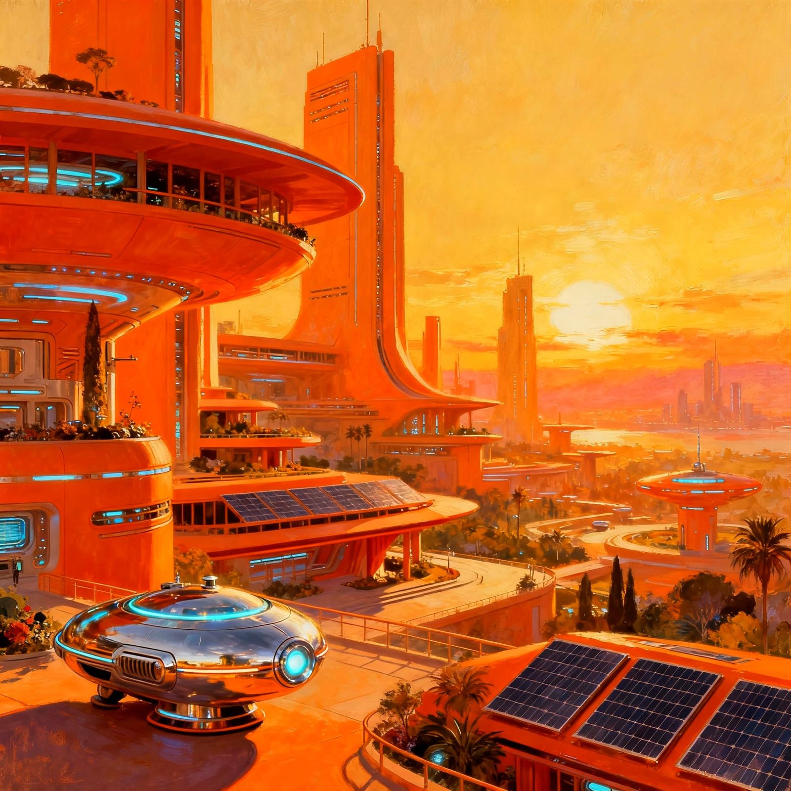 Retro Futurism Utopian Cityscape in Orange Hues