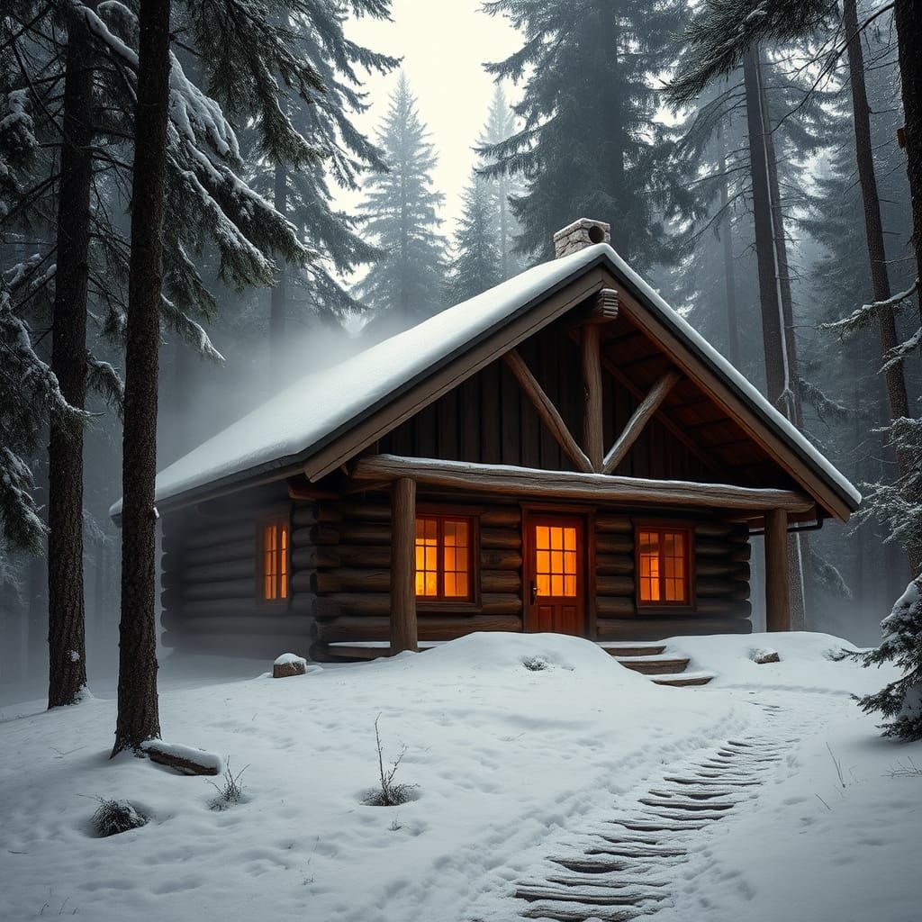 Snowy Log Cabin in Misty Forest: Photorealistic HDR