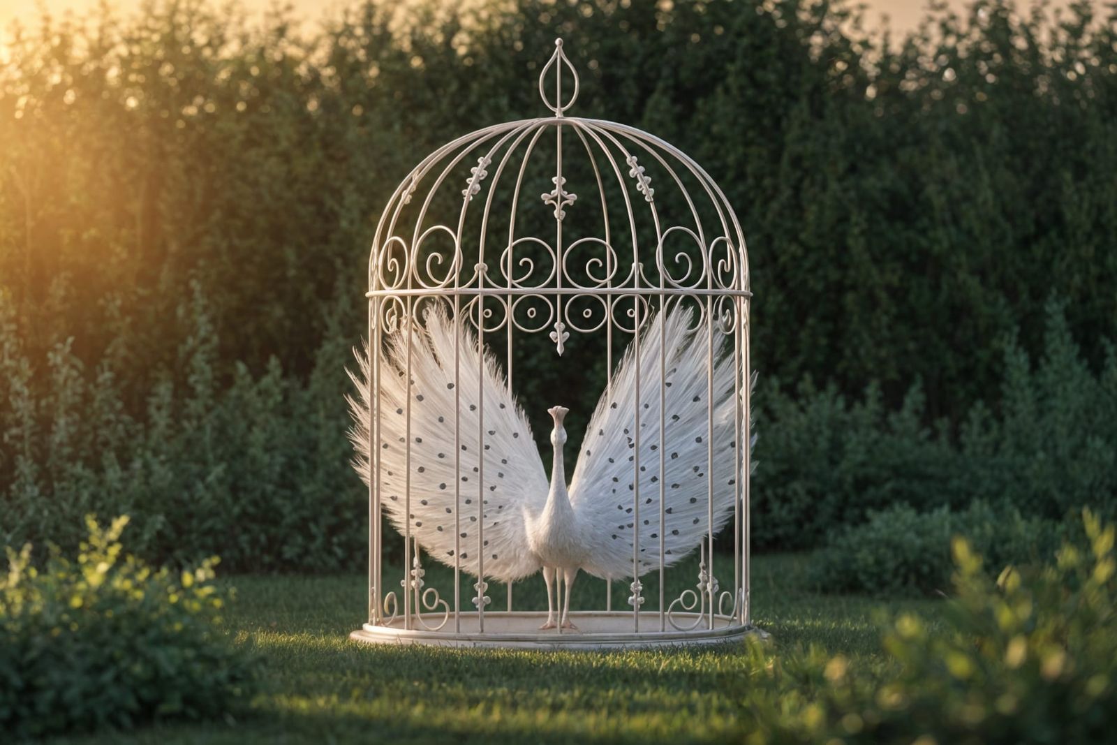White Peacock in Elegant Enclosure: 3D Render