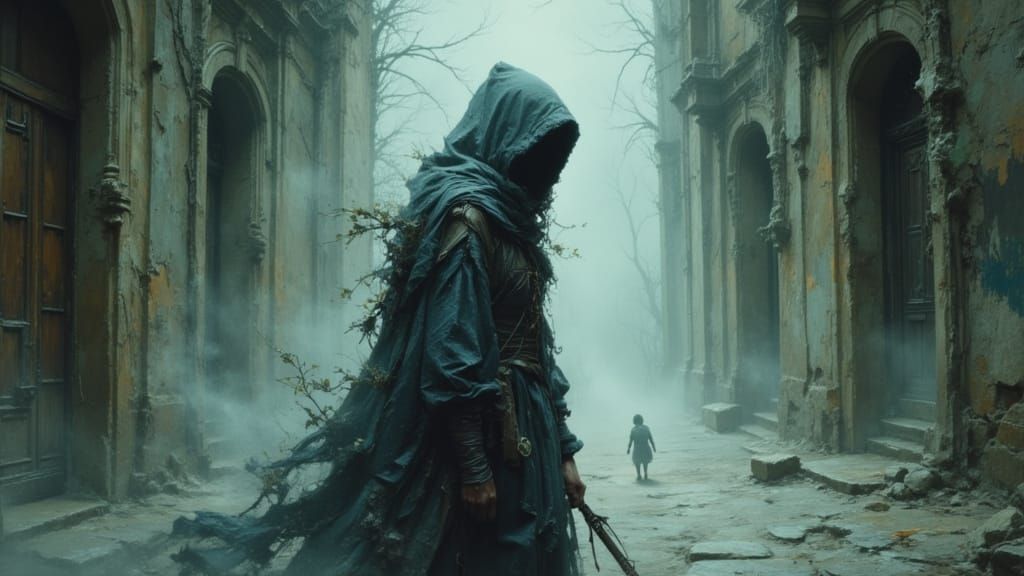 Mysterious Wanderer in Ethereal Corridor: Concept Art