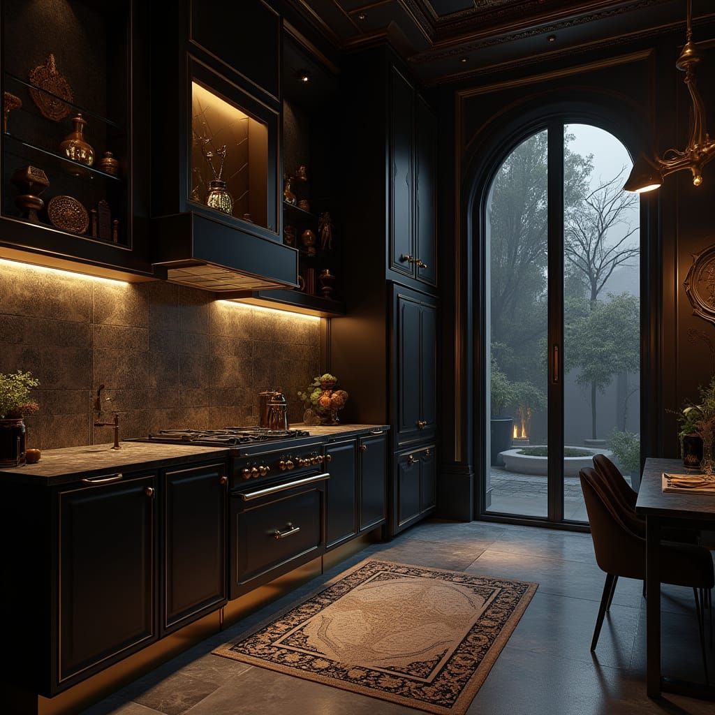 Luxury All-Black Modern Kitchen in Gold Trim with Ornate Det...