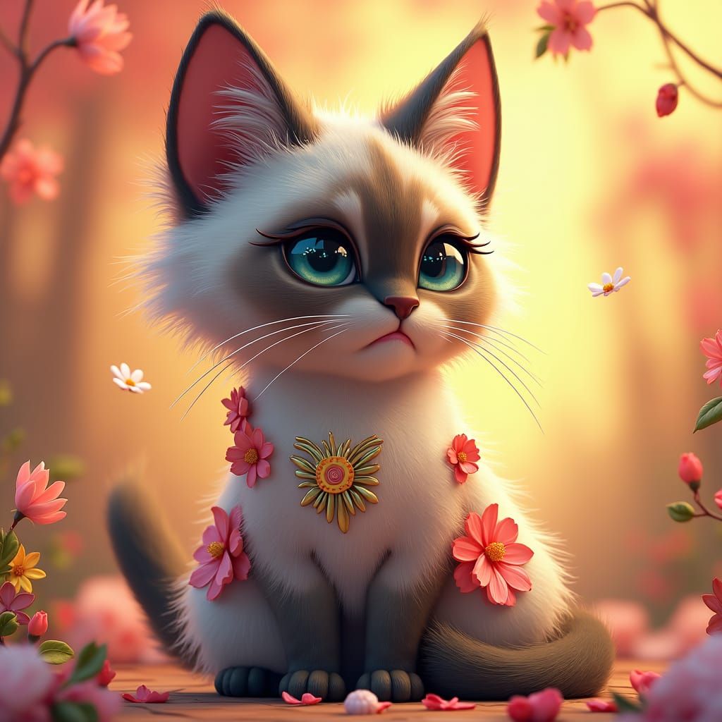 Siamese Cat Ablaze with Flowers: 3D Digital Art