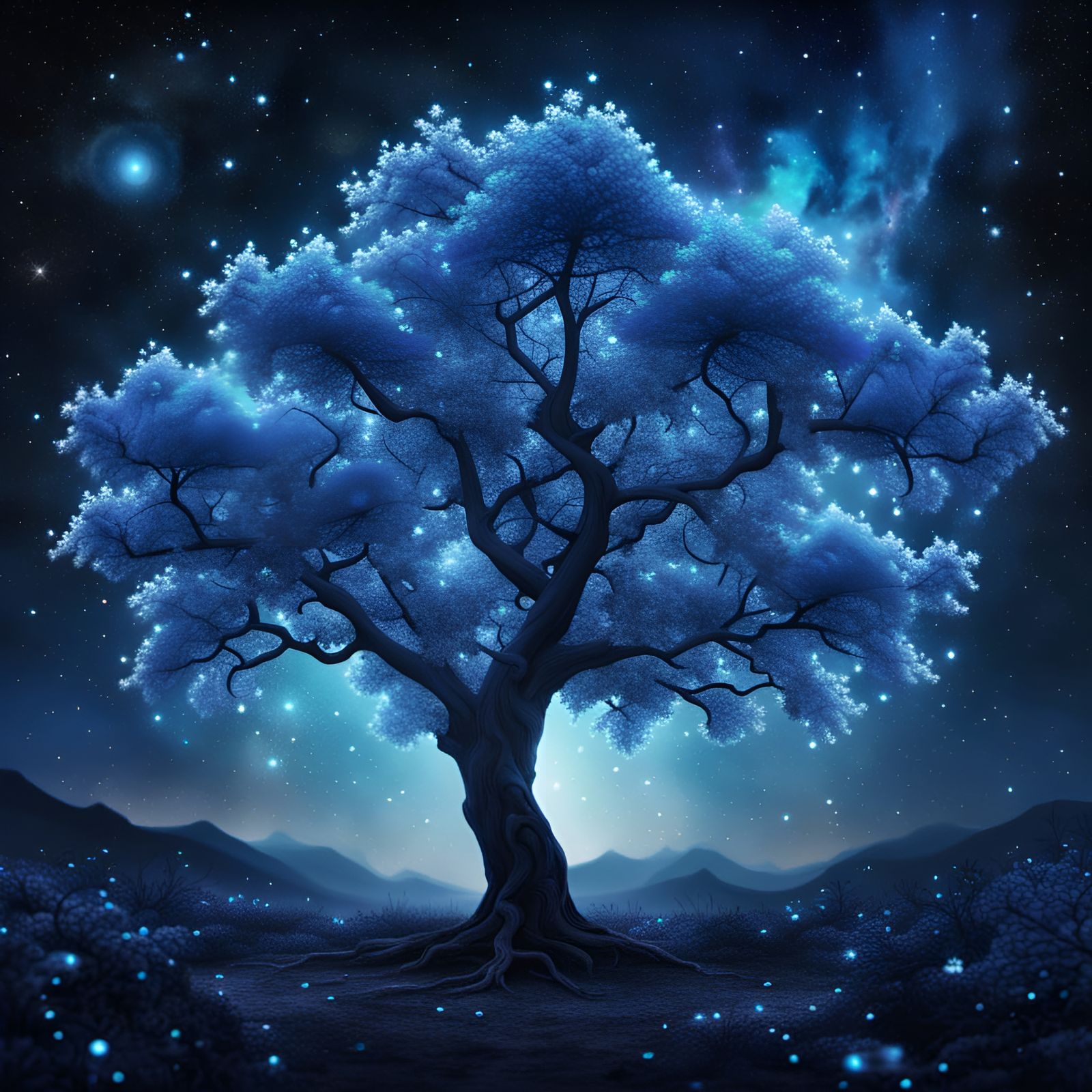Luminescent Blue Tree Under a Starry Night