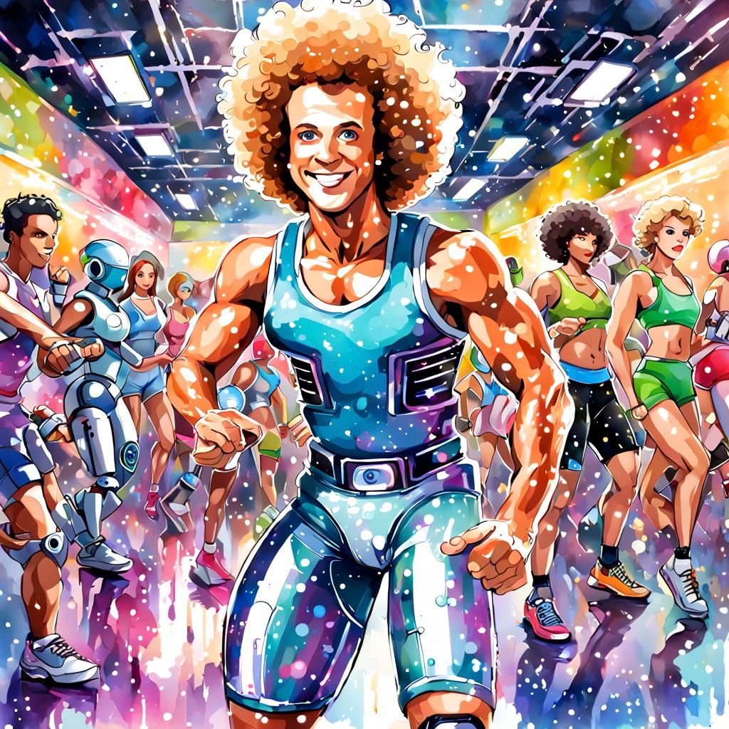 Robot Richard Simmons Aerobics Class in Watercolor