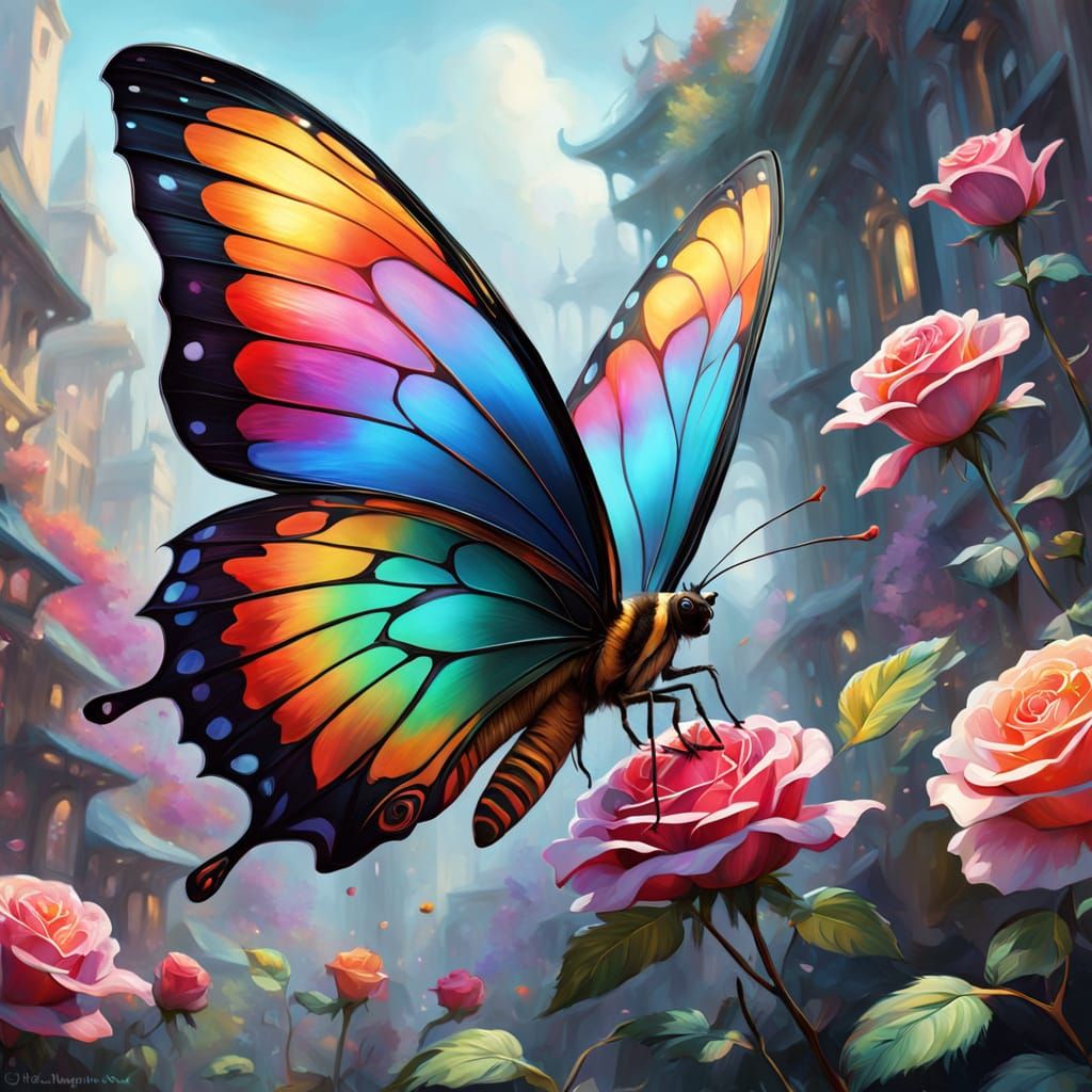 Multicolor Butterfly on Rose: Ethereal Gouache Impression