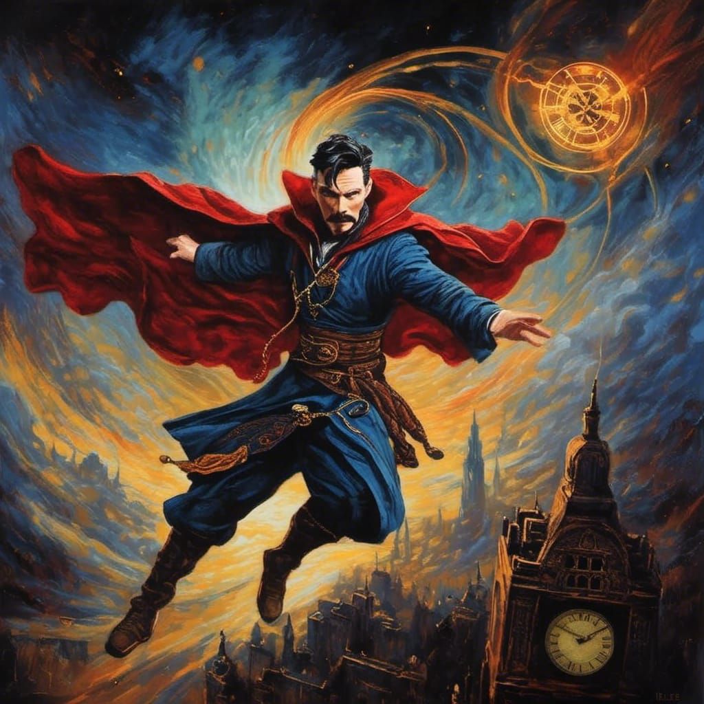 Steampunk Doctor Strange Leaping, Expressionist Oil Painting