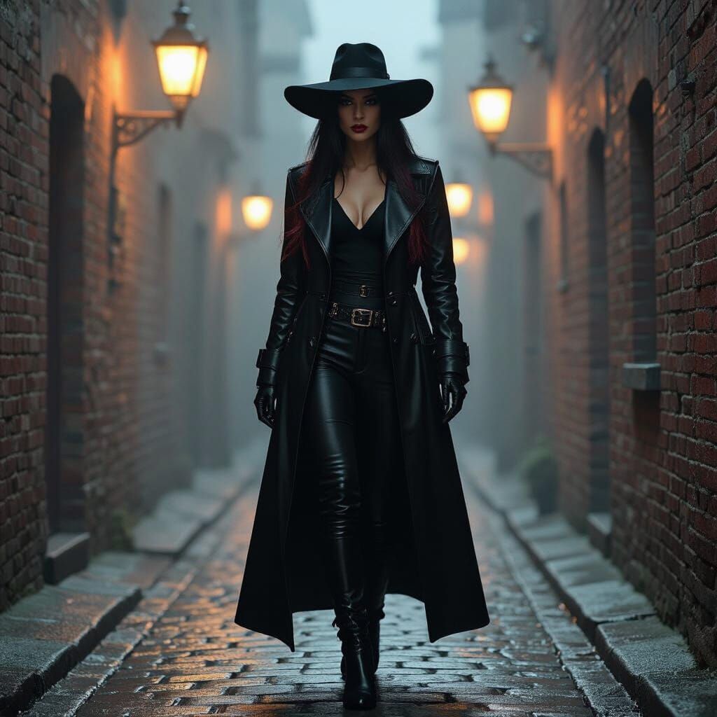 Mysterious Woman Walking Through Foggy Alley at Night
