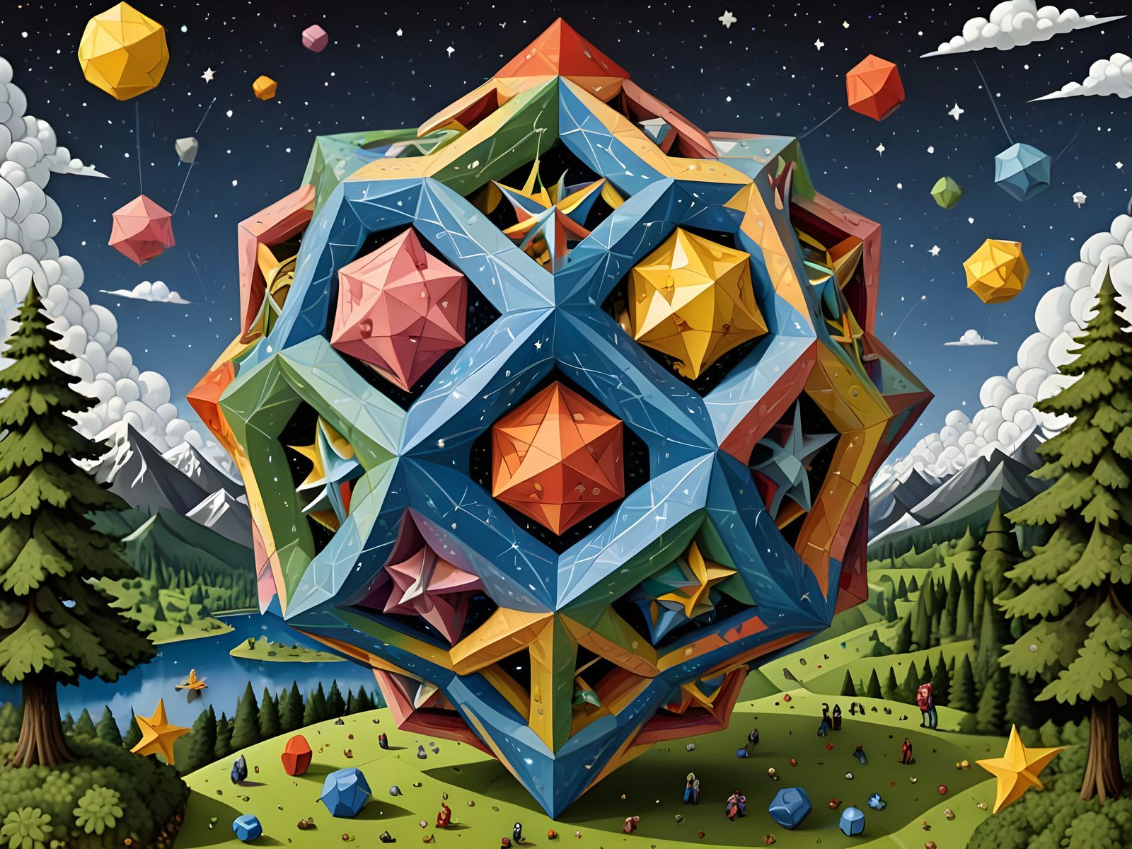 Intricate Wooden Katamaris Amidst an Escher-Inspired Stellat...