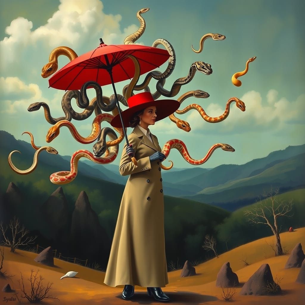 Surrealist Snakes Dance in Dreamlike Landscape