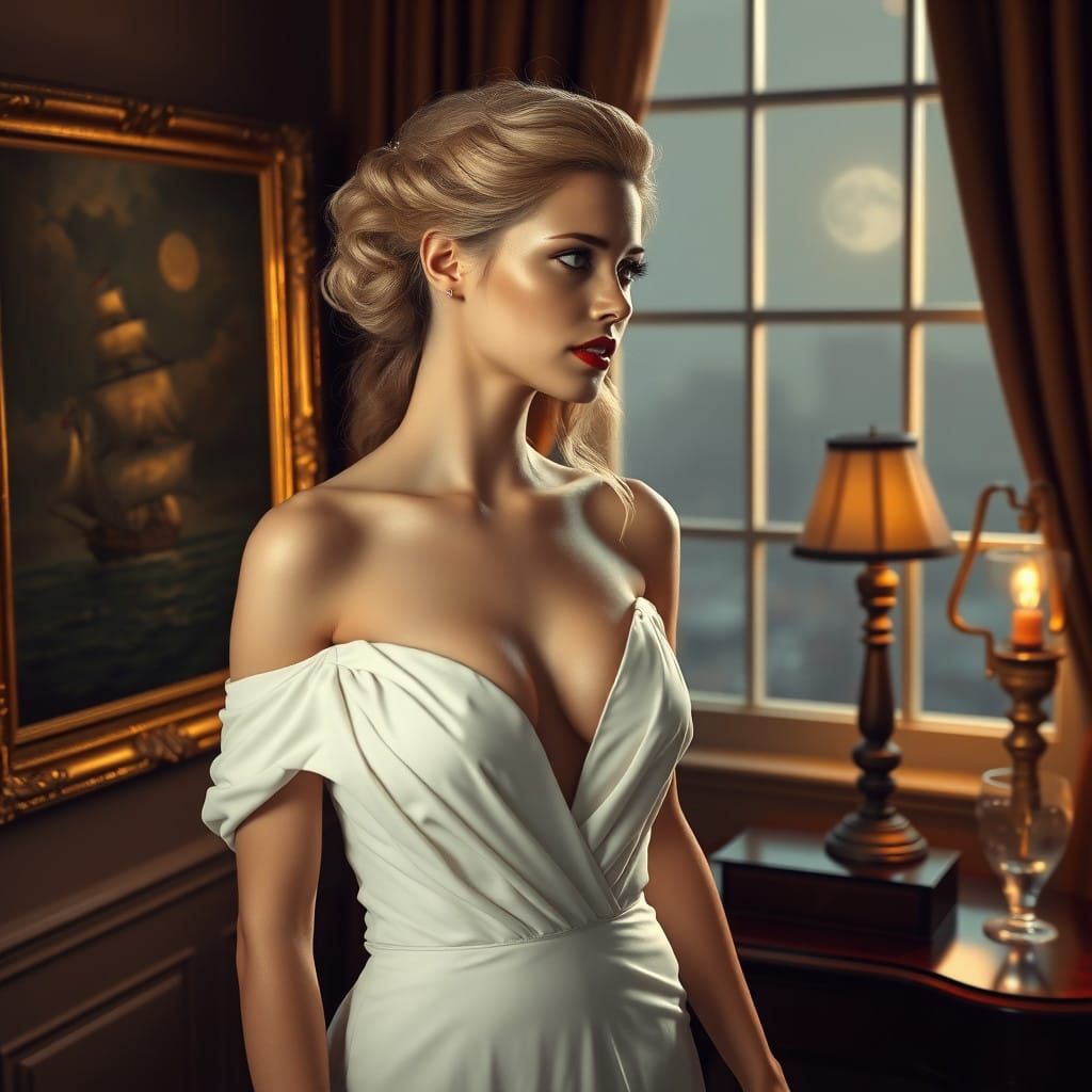 Elegant Woman by Window in White Gown, Golden Hair, and Crim...