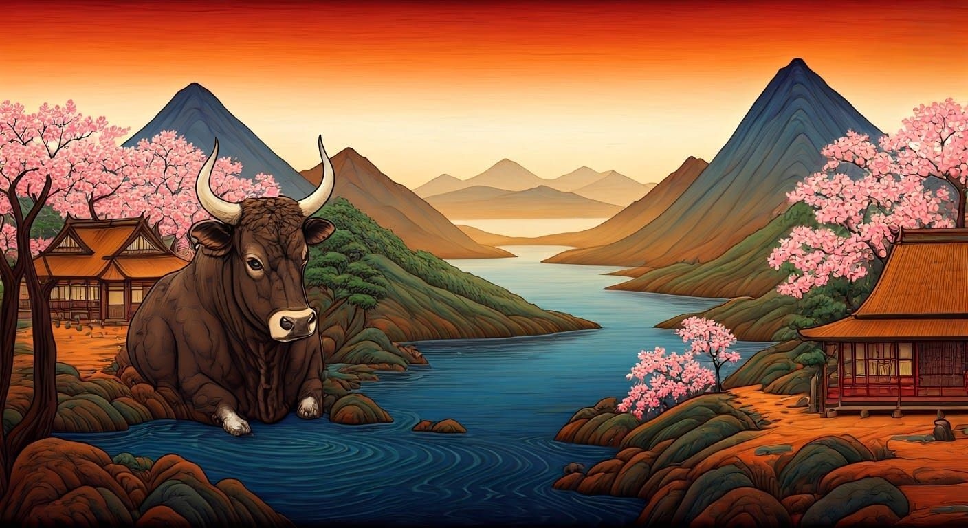 Japanese Landscape with Bull, Surrealist Oil Painting