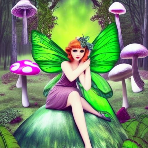 Green Fairy Sipping Absinthe in Mushroom Glade