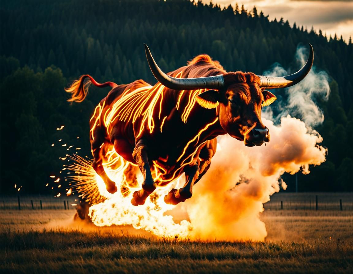 Epic Fire-Breathing Flying Bull in Cinematic Style