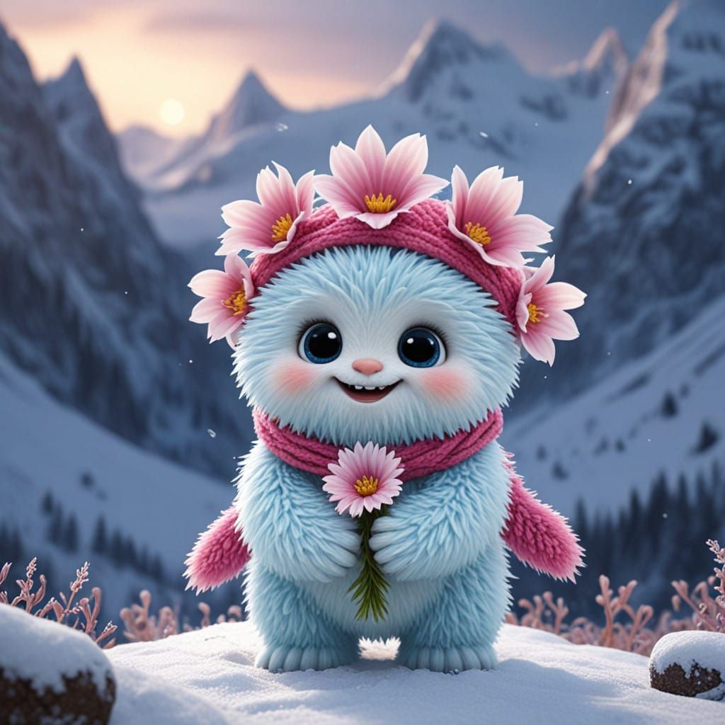 Adorable Flowerbeing Hunts Yeti in Frozen Landscape