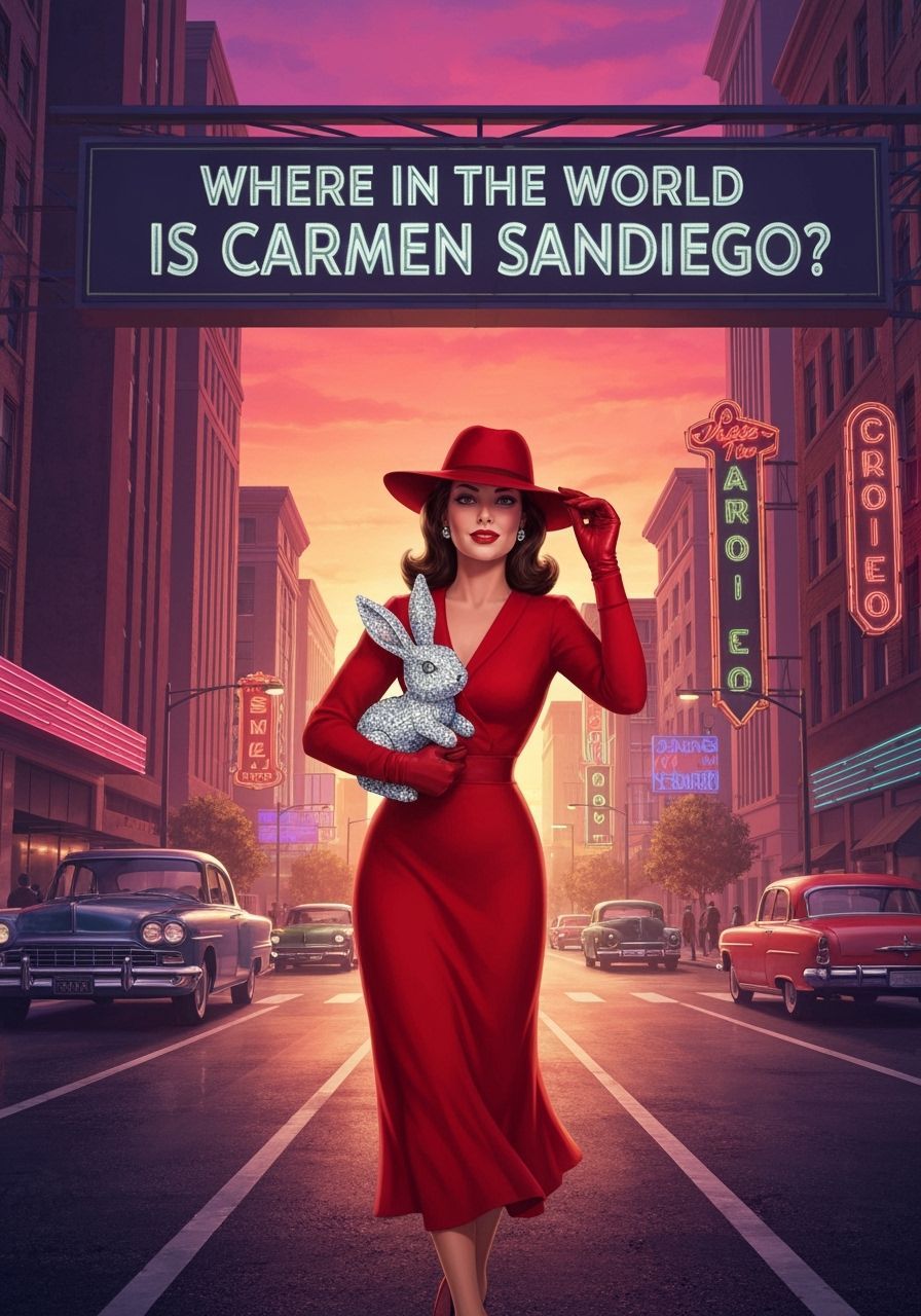 Stylish Woman in Red Dress in Mid-Century Cityscape