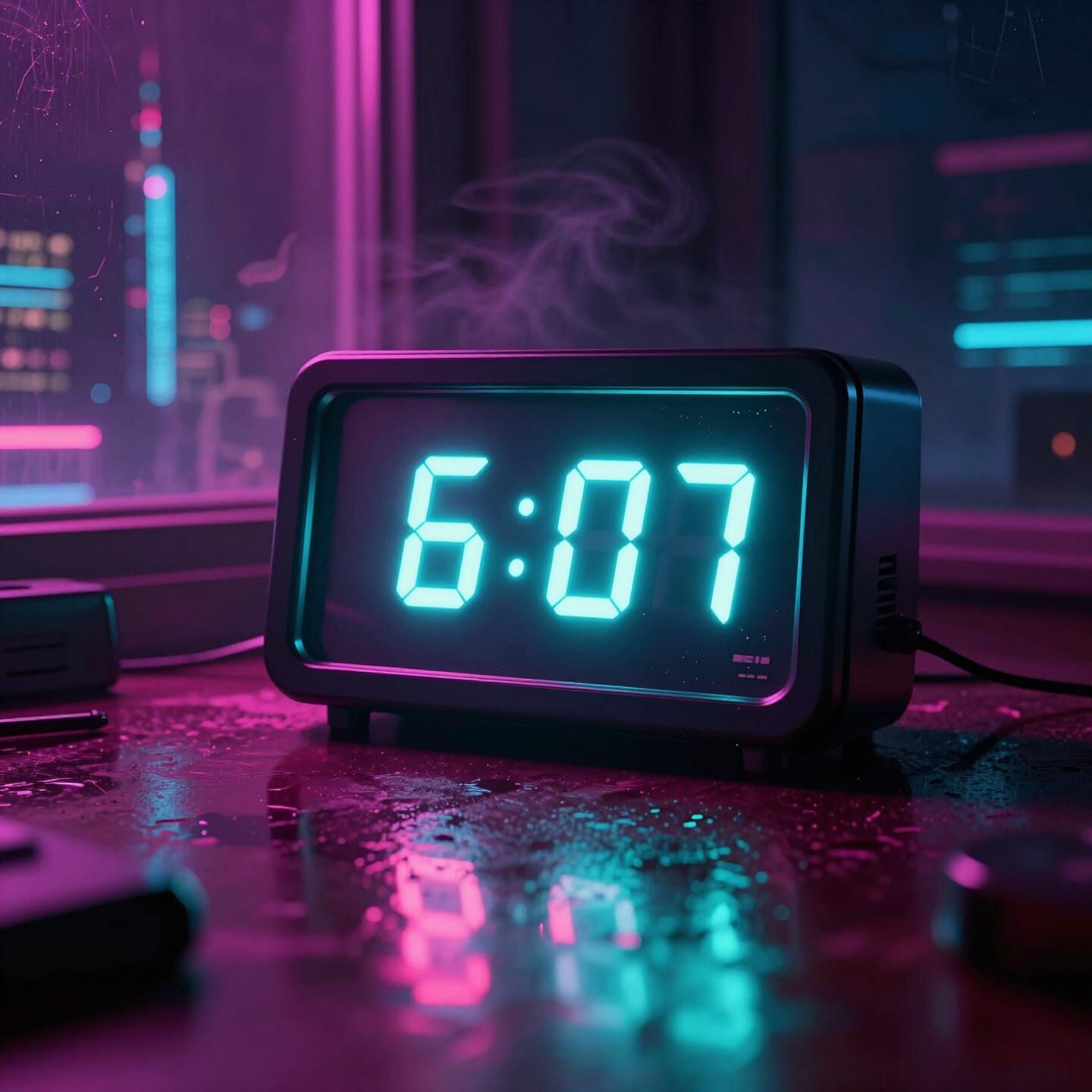 Neon Digital Clock Frozen at 6:07 in Vaporwave Cyberpunk Roo...