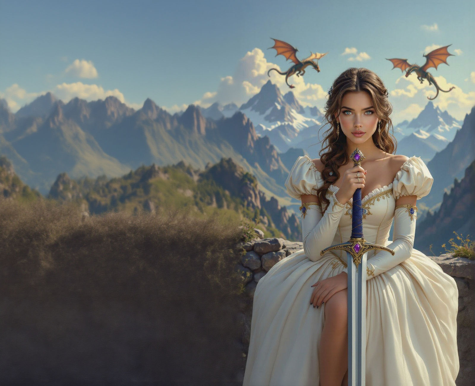 Hyperrealistic Portrait of a Woman with Dragons in Backgroun...