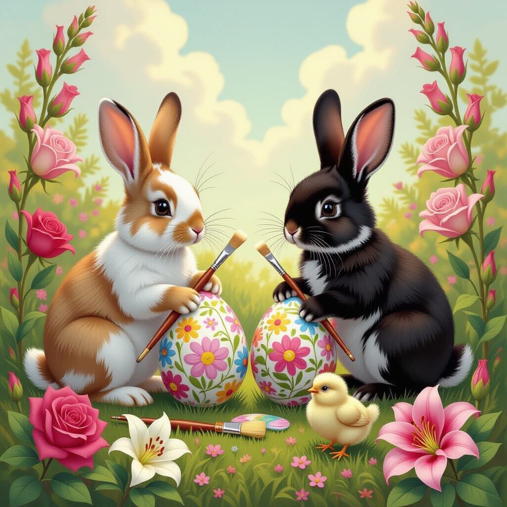 Rabbits and Chicks Painting Easter Eggs in Fairy Tale