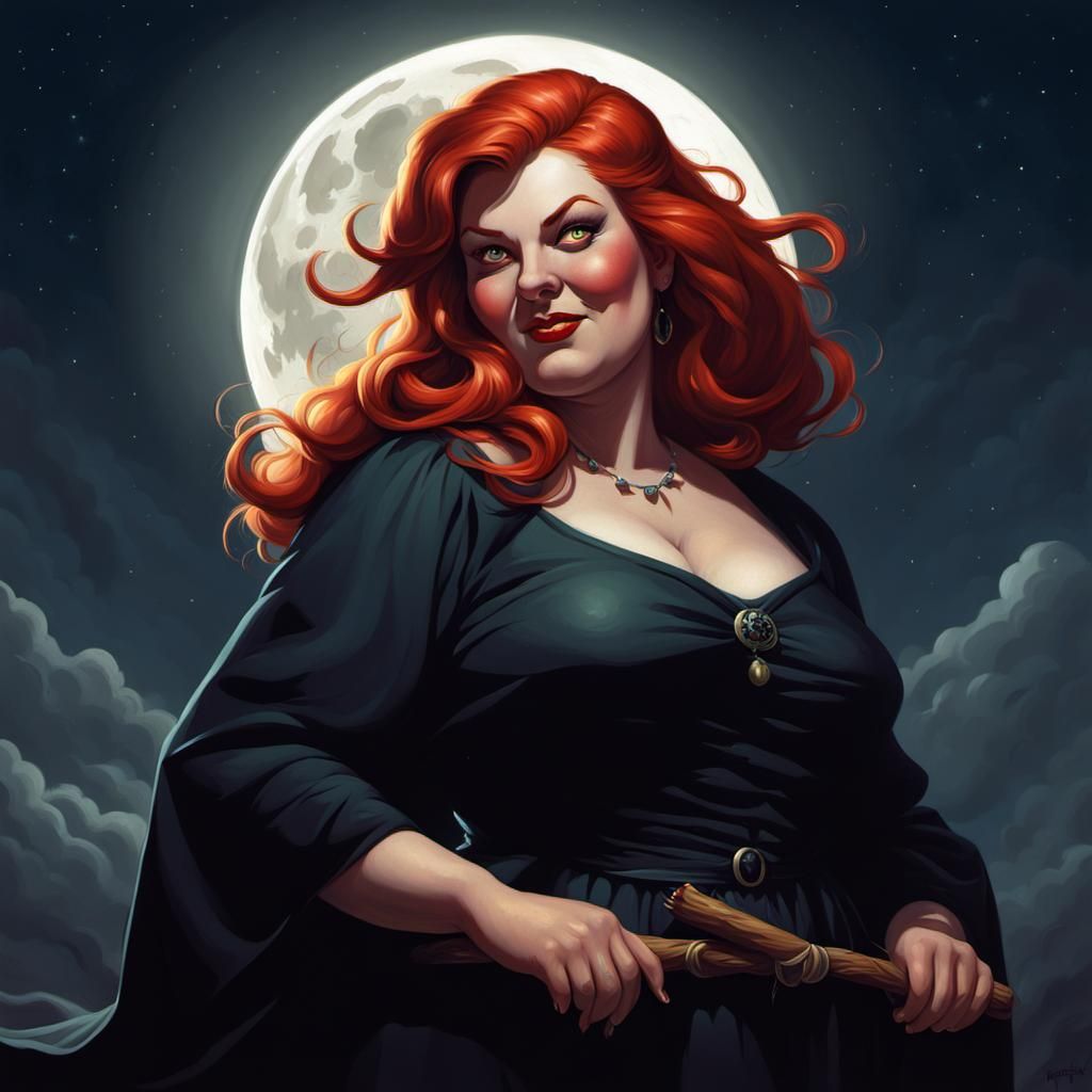 Obese Red-Haired Witch in Chiaroscuro Lighting