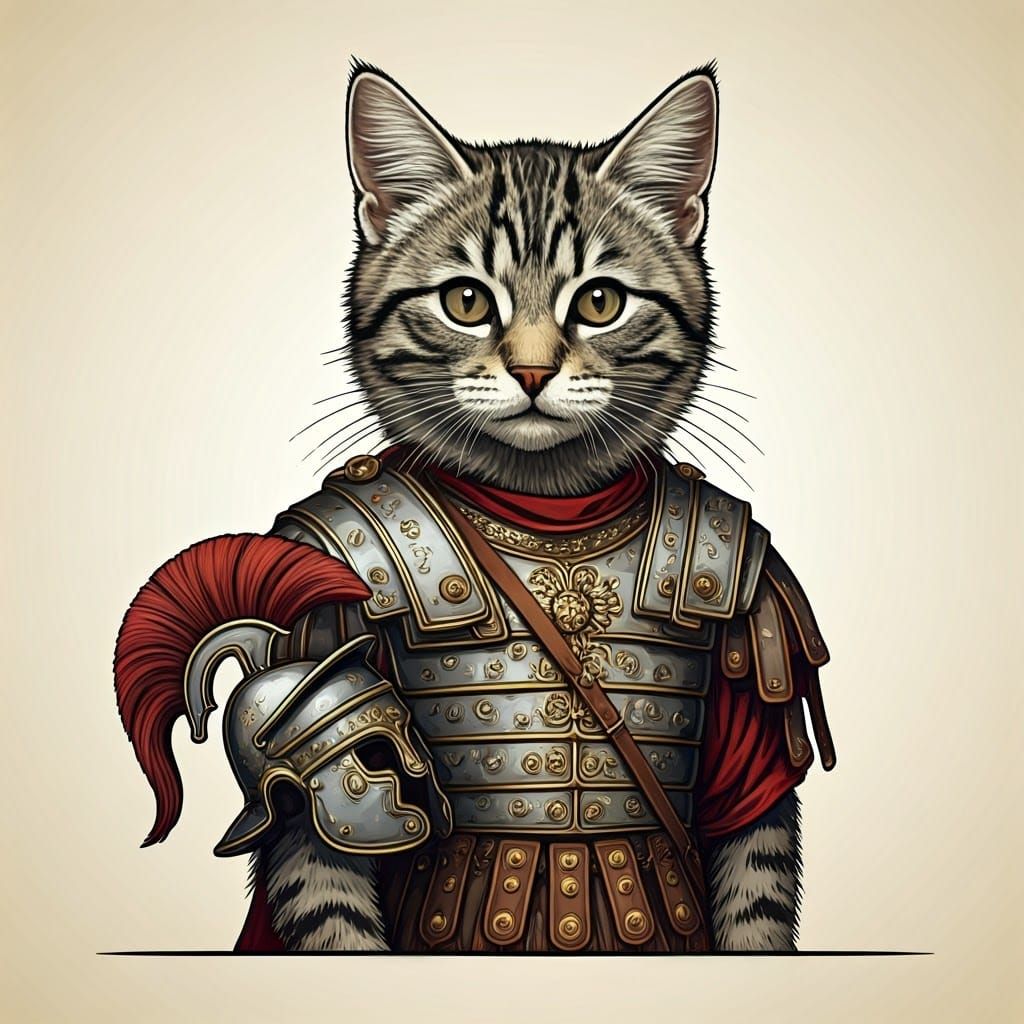 Tabby Kitten as Roman Centurion in Tenniel Style