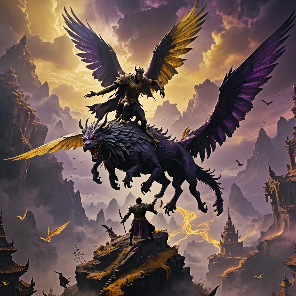 Majestic Being Rides Winged Creature in Ethereal Realm