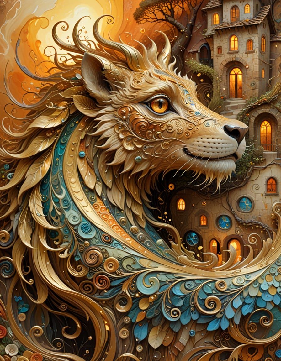 Kind Beast Protects Village in Surrealist Painting