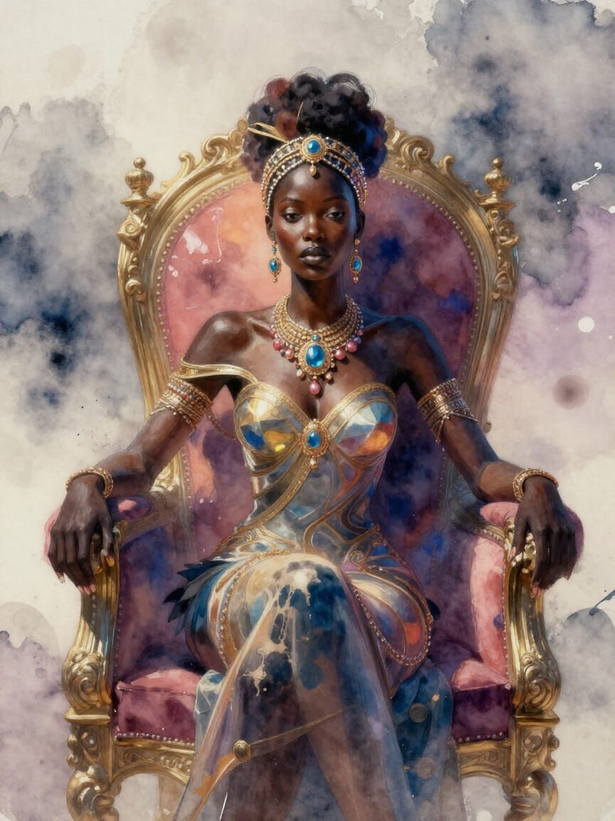 West African Princess on Throne in Foggy Landscape