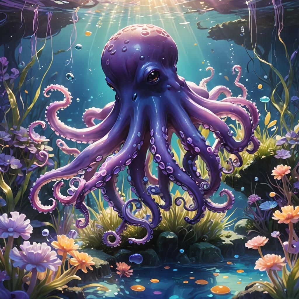 Purple Octopus in Anime Style Underwater Garden