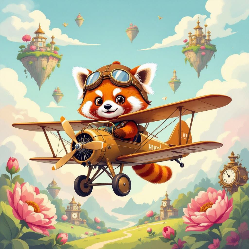 Red Panda Pilot Flies Biplane Over Clockwork Islands