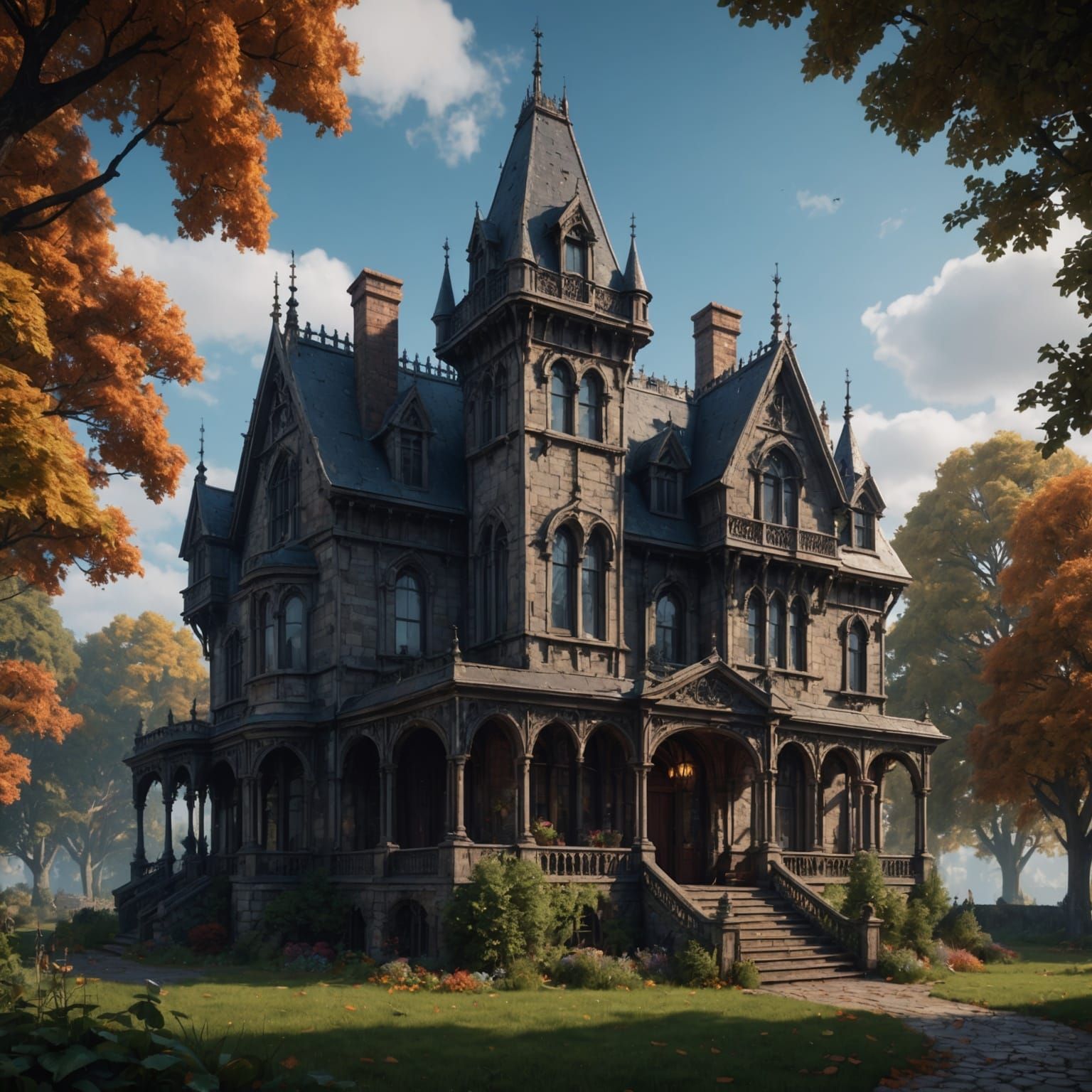 Detailed Gothic Revival Mansion: Fantasy Concept Art