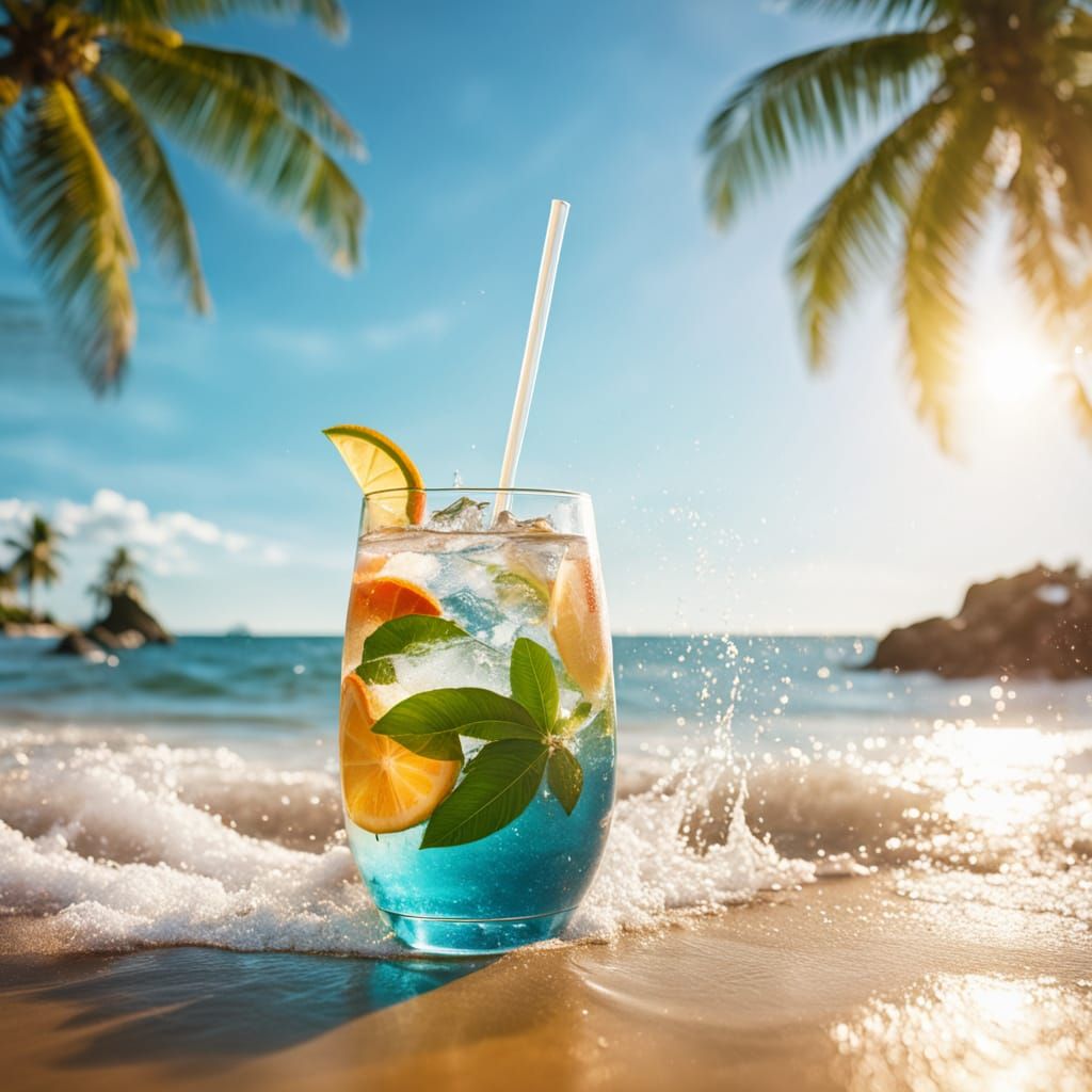 Beach Paradise: Girl with Cocktail in Summer Sun