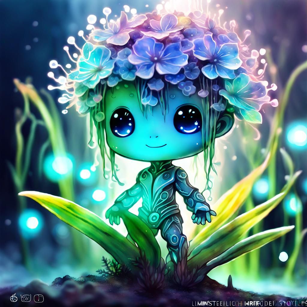 Bioluminescent Chibi Magic Plant in Watercolor Style