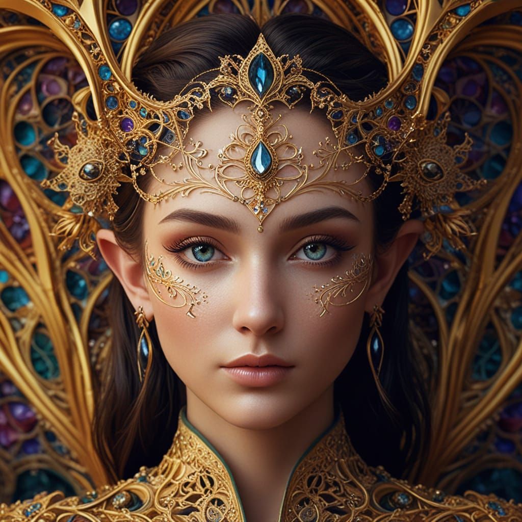 Elegant Elven Portrait in Vibrant Fractal Background