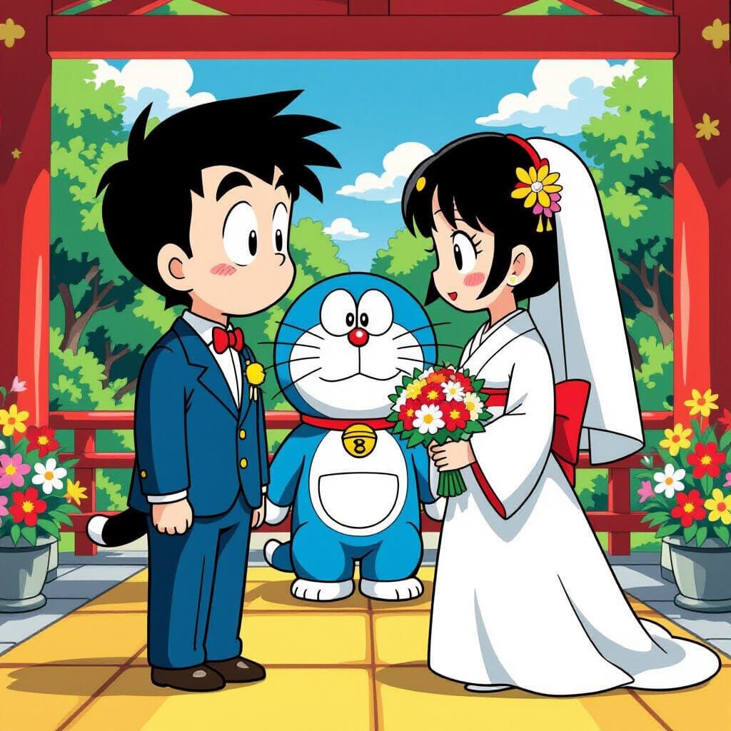 Doraemon and Shizuka Wedding in Anime Style