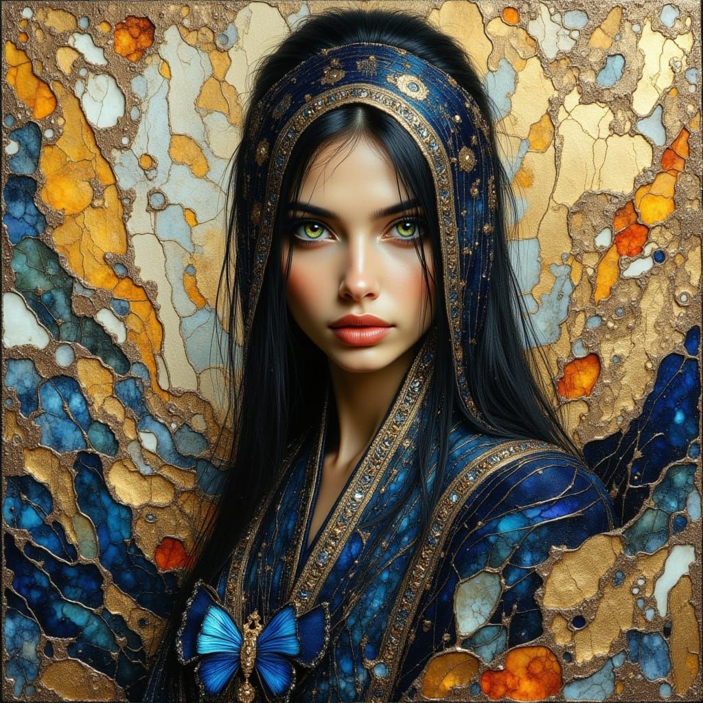 Ethereal Middle Eastern Beauty in Vibrant, Crinkled Metallic...