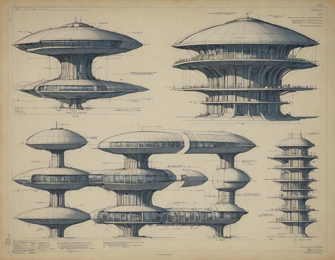 space age building complex, side view, drawing