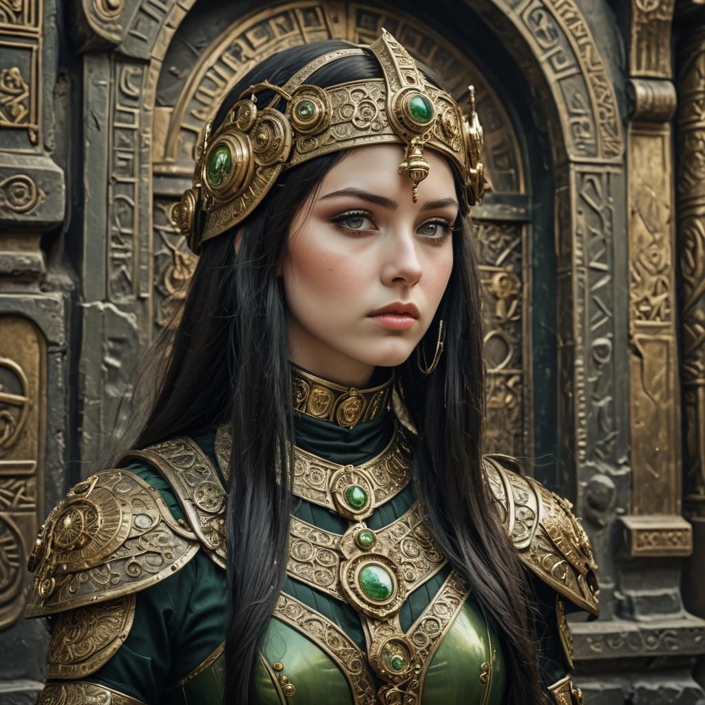 Steampunk Woman in Egyptian Armor: Hyperrealistic Portrait